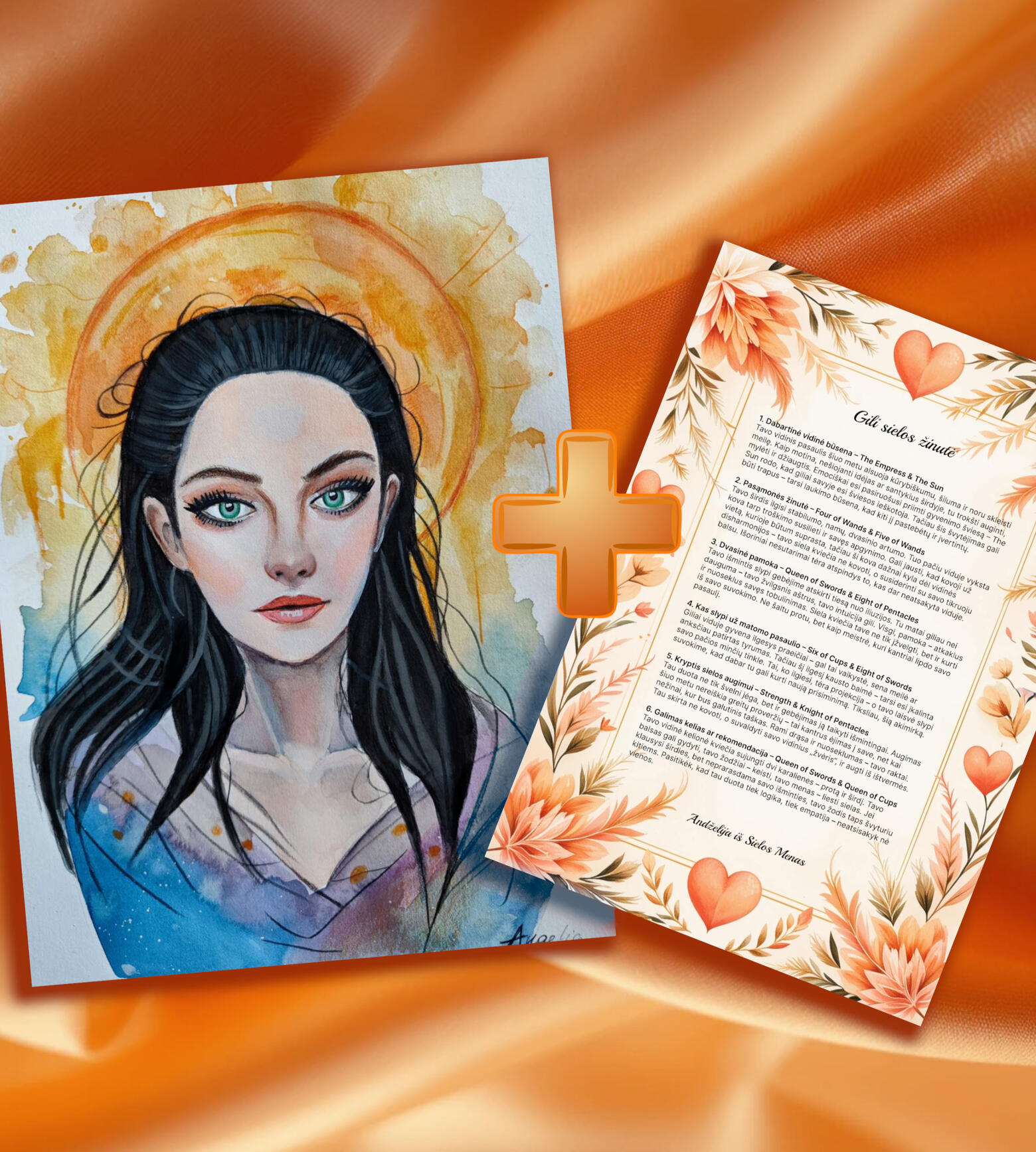 Intuityvus portretas ir sielos laiškas Intuityvus moters portretas su saulės aureole ir sielos žinutės laiškas su širdelėmis.