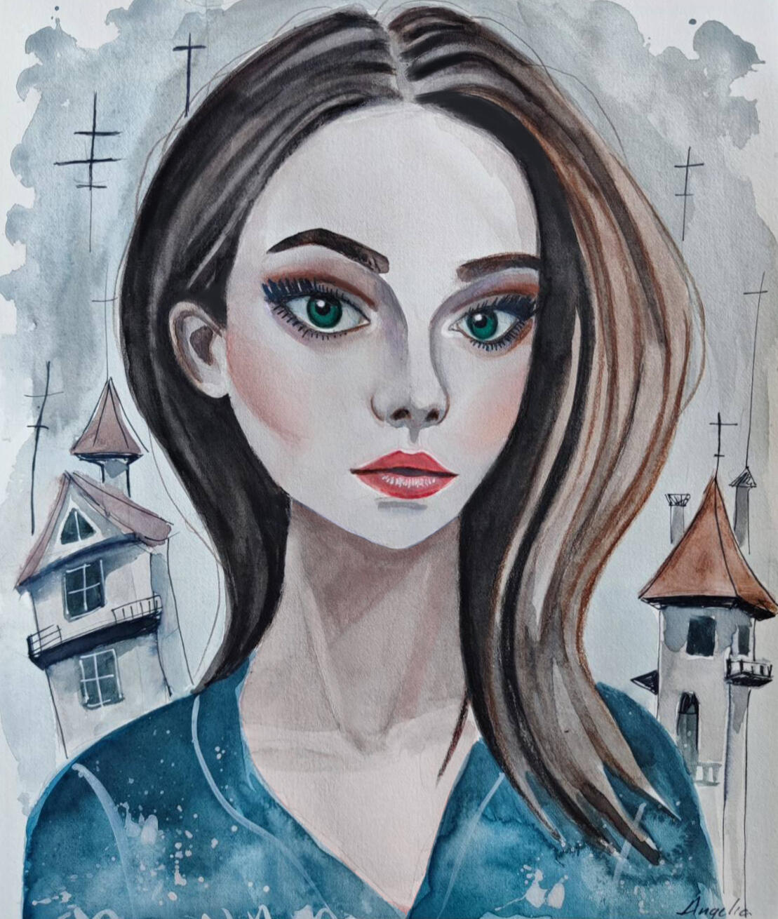 Intuityvus portretas su bokštų pasaka Rankų darbo moters portretas su paslaptingu žvilgsniu ir pasakų bokštų fonu